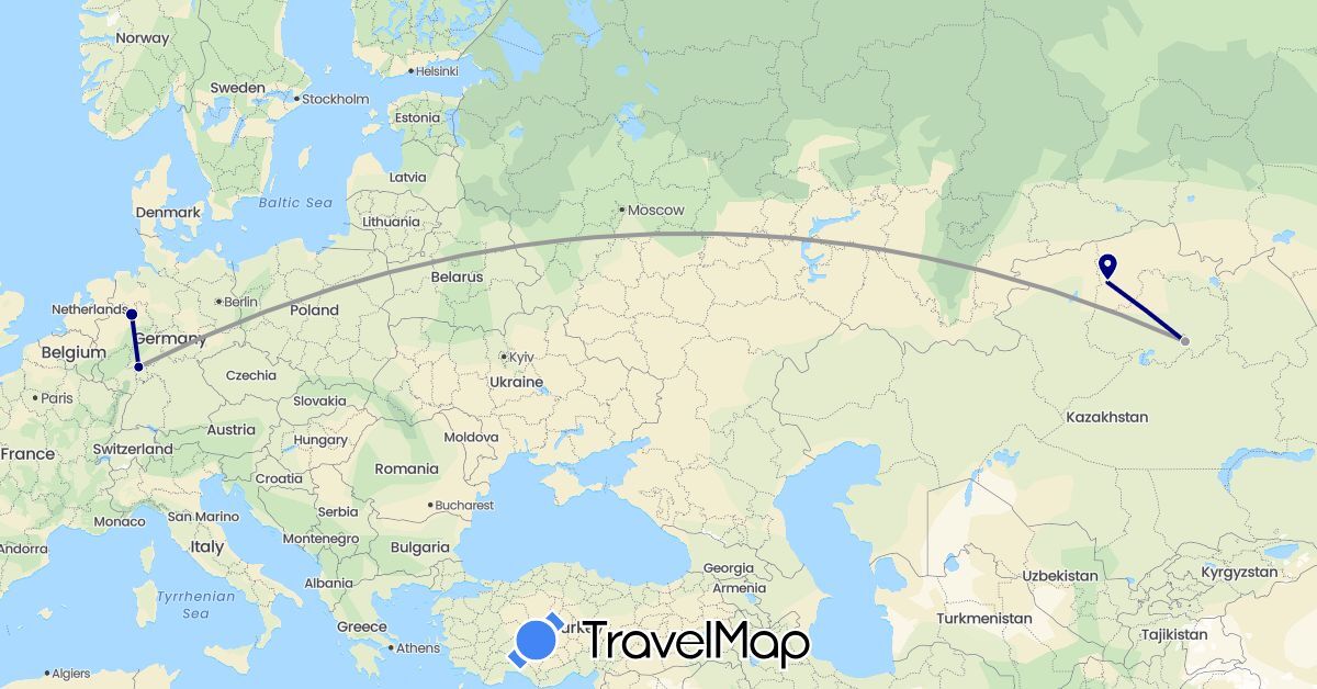 TravelMap itinerary: driving, plane in Germany, Kazakhstan (Asia, Europe)